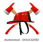 Firefighter helmet or red firefighter hat and two crossed axes isolated on white background. Realistic 3d vector illustration