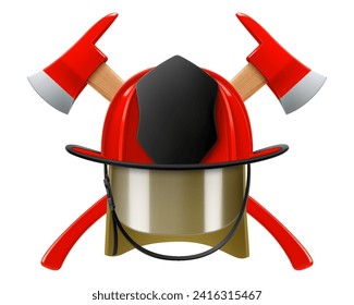 Firefighter helmet or red firefighter hat and two crossed axes isolated on white background. Realistic 3d vector illustration