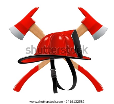 Firefighter helmet or red firefighter hat and two crossed axes isolated on white background. Realistic 3d vector illustration Stock foto © 