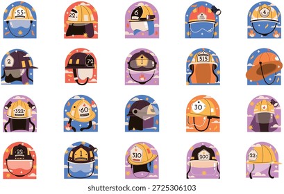 Feuerwehrhelm und Rettungsabbildungen, Vektorgrafik. Entwurfsvorlage für Illustrationssymbole für Web Mobile UI-Element.
