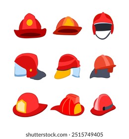 firefighter helmet set cartoon. equipment rescue, durable shield, visor headgear firefighter helmet sign. isolated symbol vector illustration