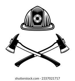 Firefighter helmet and two crossed axes vector illustration in monochrome style isolated on white background