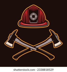 Firefighter helmet and two crossed axes vector illustration in colored style on dark background