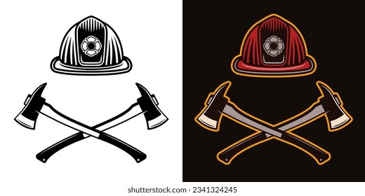 Firefighter helmet and two crossed axes vector illustration in two styles black on white and colored