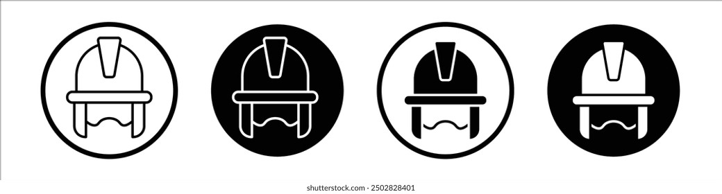 Conjunto de iconos de Vector de casco de bombero negro relleno y estilo delineado.