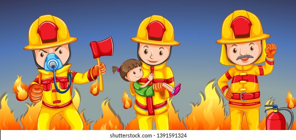 Firefighter helping a girl illustration