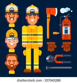 Firefighter his stuff: fire axe, fire extinguisher, gloves,wirecutter, crowbar. Vector flat illustration. Isolated objects.