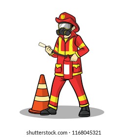 firefighter hold fire extinguisher and wear smoke mask