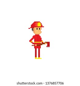 Firefighter holding an ax. Pixel art. Old school computer graphic. 8 bit video game. Game assets 8-bit sprite.