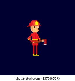 Firefighter holding an ax. Pixel art. Old school computer graphic. 8 bit video game. Game assets 8-bit sprite.