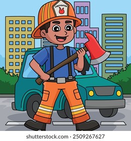 Firefighter Holding an Axe Colored Cartoon 