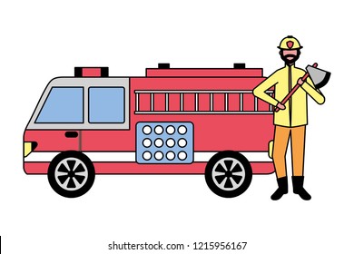 firefighter holding axe and fire truck