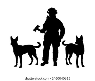 Firefighter holding axe standing among two dogs black silhouette.	