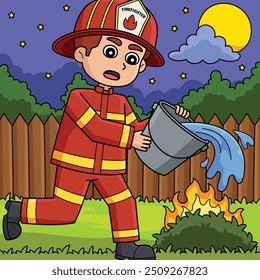 Firefighter Holding Bucket of Water Colored 