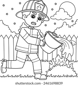 Firefighter Holding Bucket of Water Coloring Page