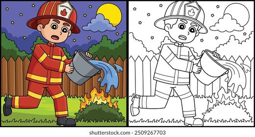 Firefighter Holding Bucket of Water Illustration