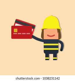 Firefighter holding a credit card, vector illustration design. Firefighting collection.