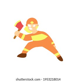 Firefighter holding a fire axe illustration cute character isolated