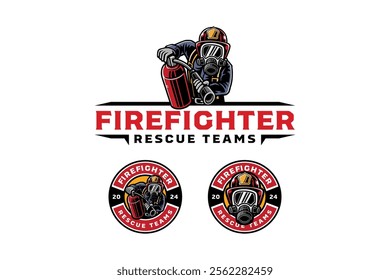 firefighter holding fire extinguisher character mascot colorful logo design. fireman with safety helmet, face mask, fire extinguisher badge logo design set. for rescuer worker, adventure, survivor 