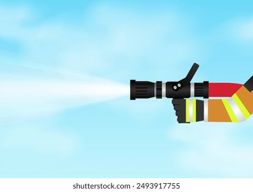 Firefighter Holding Fire Hose Nozzle to  Spraying Water. Vector Illustration. 