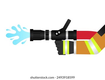 Firefighter Holding Fire Hose Nozzle to  Spraying Water. Vector Illustration. 