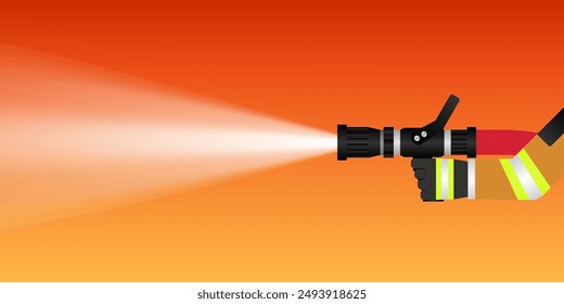 Firefighter Holding Fire Hose Nozzle to  Spraying Water. Vector Illustration. 