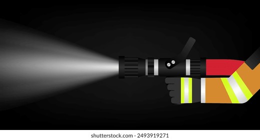 Firefighter Holding Fire Hose Nozzle to  Spraying Water. Vector Illustration. 