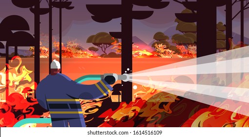 Firefighter Holding Hose Extinguishing Dangerous Wildfire In Australia Fighting Bush Fire Dry Woods Burning Trees Firefighting Natural Disaster Concept Intense Orange Flames Horizontal Vector