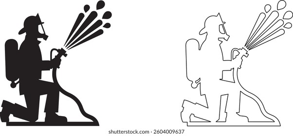 FIREFIGHTER HOLDING HOSE, Two type of FIREFIGHTER on one frame, FIREFIGHTER HOLDING HOSE silhouette vector art illustration isolated on white background.