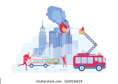Firefighter Holding Hose with Water Trying to Extinguish Fire in Skyscraper Flat Cartoon Vector Illustration. Embulance, Bus Waiting for Evacuation. Fire Enging Supplying with Water.