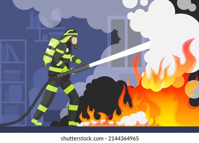 Firefighter holding hydrant hose to put out flame and smoke in home room of building vector illustration. Fireman extinguishing fire, suppression fire fighting background. Emergency service concept