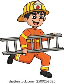 Firefighter Holding Ladder Cartoon Colored Clipart