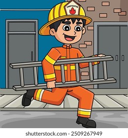 Firefighter Holding Ladder Colored Cartoon 