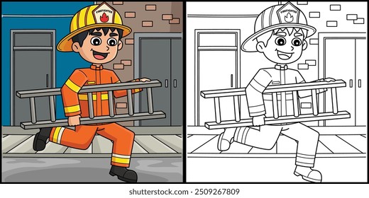 Firefighter Holding Ladder Coloring Illustration