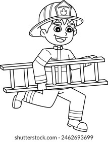 Firefighter Holding Ladder Isolated Coloring Page