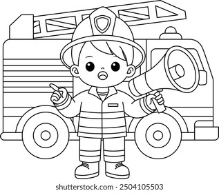 Firefighter Holding a Megaphone and A Fire Truck Outline Coloring Page. Labor Day Colouring Page