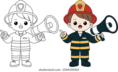 Firefighter Holding a Megaphone Outline Coloring Page. Labor Day Colouring Page