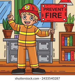 Firefighter Holding Reminder Colored Cartoon 