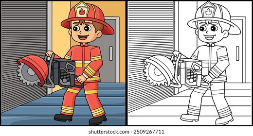 Firefighter Holding a Rescue Saw Illustration