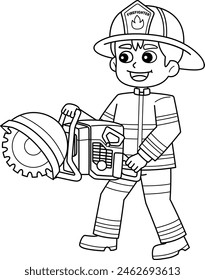 Firefighter Holding a Rescue Saw Isolated Coloring