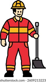A firefighter is holding a shovel and smiling. Concept of positivity and confidence in the firefighter's abilities