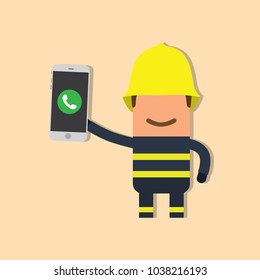 Firefighter holding a smartphone, vector illustration design. Firefighting collection.