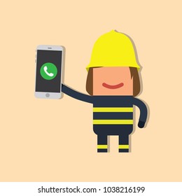 Firefighter holding a smartphone, vector illustration design. Firefighting collection.