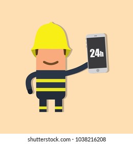 Firefighter holding a smartphone, vector illustration design. Firefighting collection.
