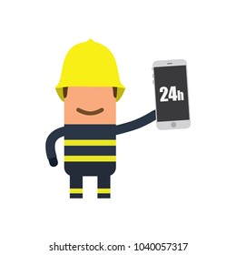 Firefighter holding a smartphone, vector illustration design. Firefighting collection.