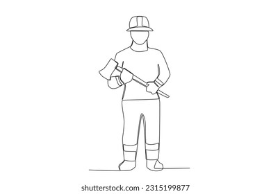 A firefighter holds an axe with both hands. Firefighter one-line drawing