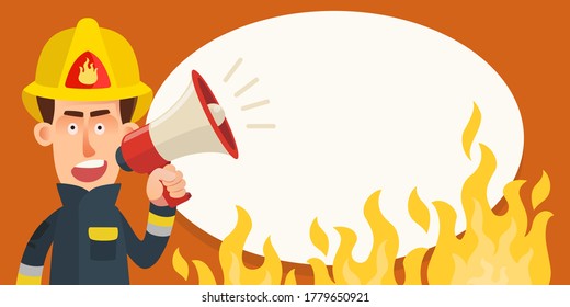 The firefighter holds in hand a megaphone and talking important information for people. Blank banner for fire safety, emergency. Placard for text. Vector illustration, flat design, cartoon style.