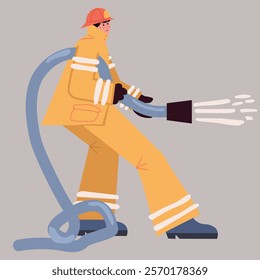 A firefighter holds a hose from which water is pouring. Fire fighting. challenge. Flat vector illustration isolated on gray background.