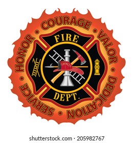 Firefighter Honor Courage Valor is a fire department or firefighter Maltese cross symbol design with flame border encircled by Honor, Courage, Valor, Dedication and Service.