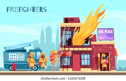 Firefighter horizontal composition with outdoor scenery and flat images of burning urban building and fire brigade vector illustration 